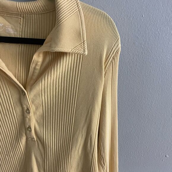 Aerie Pale Yellow Collared Ribbed Knit Cropped Long Sleeve Top Size XL - Picture 5 of 10